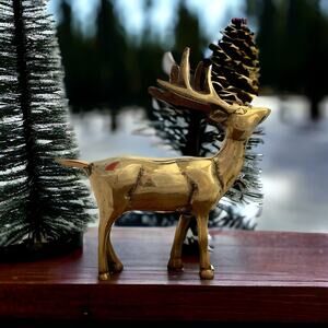 Vtg Small Brass Deer Figure Reindeer Mountain Cabin Lodge Christmas MCM Antlers